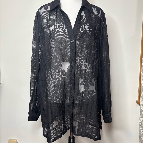 Susan Graver Tops - Susan Graver Lace Mesh Button-Front Top Black Size 2X Long Sleeve V-Neck Collar